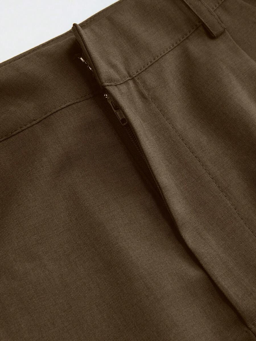 Vela Rue Minimalist Design Hook & Eye Closure Lightweight Slightly Sheer Navy Blue Solid Color Suit Pants With Zipper Hook & Eye Wide Leg Slimming Brown - Brown - View 4
